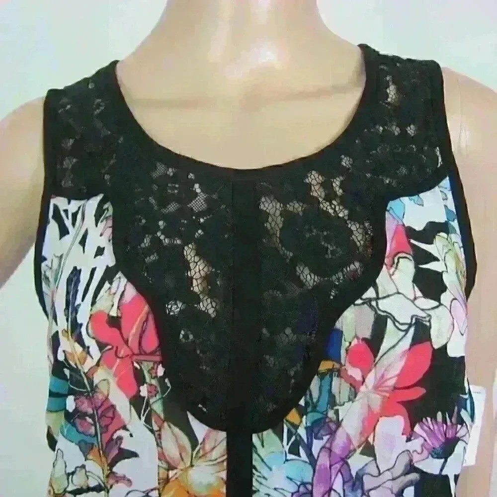 Sleeveless Top Medium Blouse Black Lace Neck & Multicolor Floral Print Flowy NEW - Picture 2 of 16